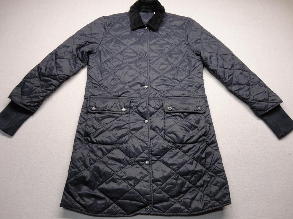 Barbour Coat Womens 10 Gray Quilted Snap Front Mid Length Padded Lined Pockets